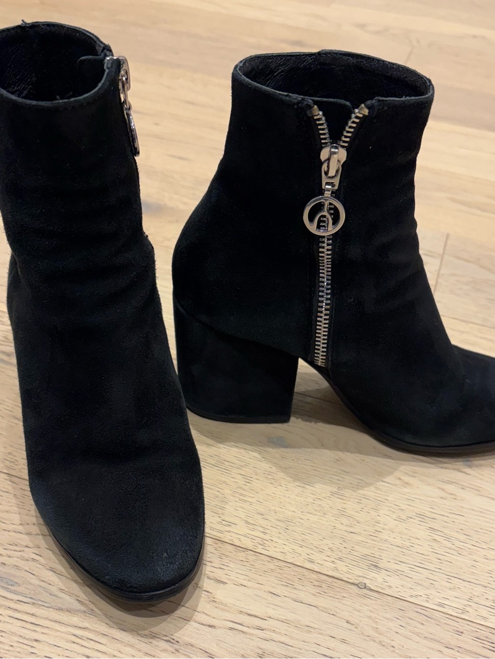 Wishbone Black Suede Block Heel Ankle Boots with Side Zip